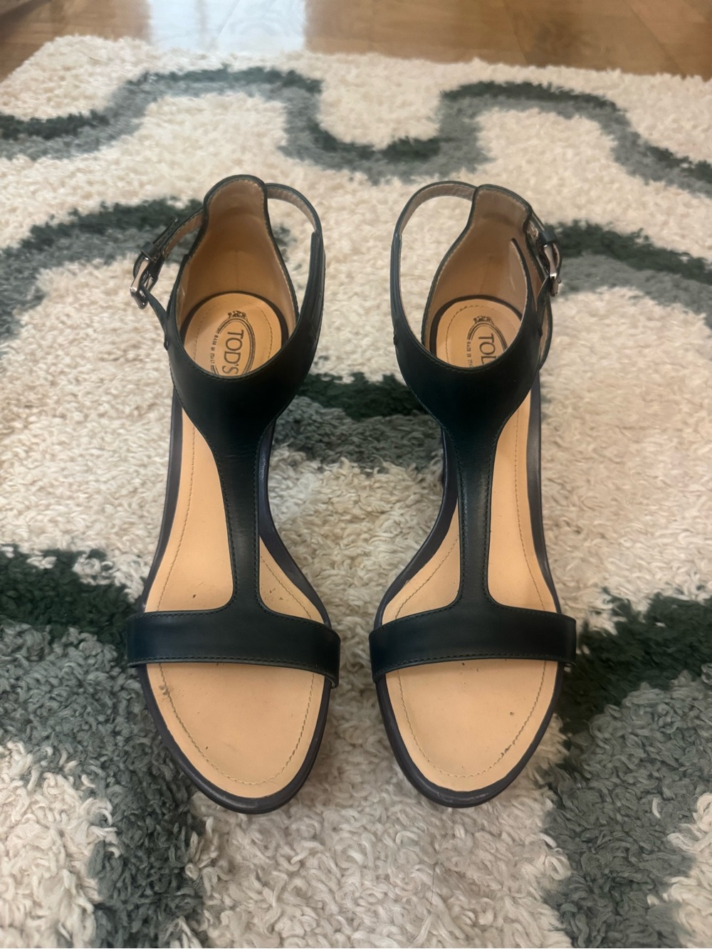 Tod's Black Leather T-Strap Sandals with Tan Insole